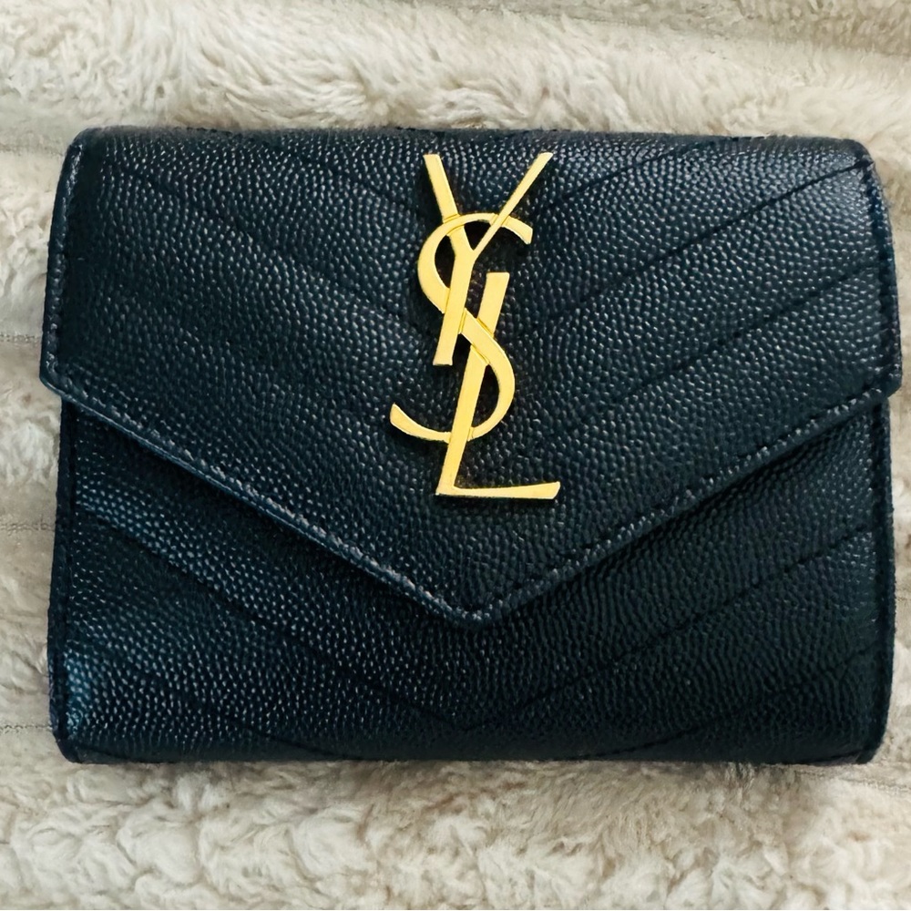 Authentic YSL Saint Laurent Black trifold wallet with gold YSL logo